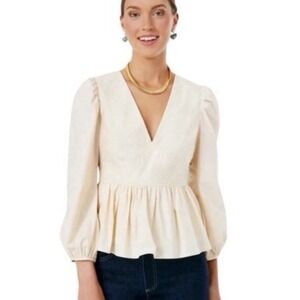 Hyacinth House Puff Sleeve Elaina V-Neck Poplin Blouse Small Cream Sleek!